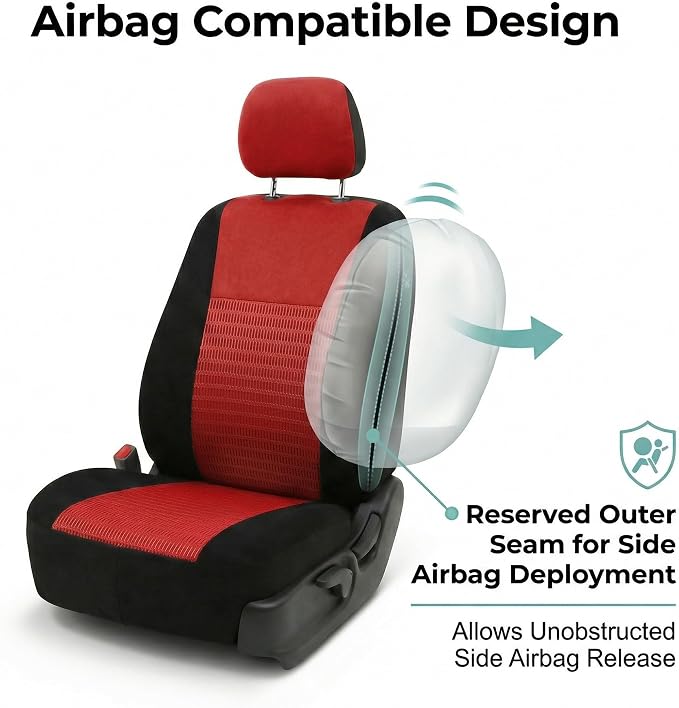 FH Group Universal Car Seat Covers Front Set for SUV Truck Sedan Vans | 3D Textured Breathable Fabric Seat Cover Set Protector with Airbag Compatible Interior Upgrade - Red - Image 4