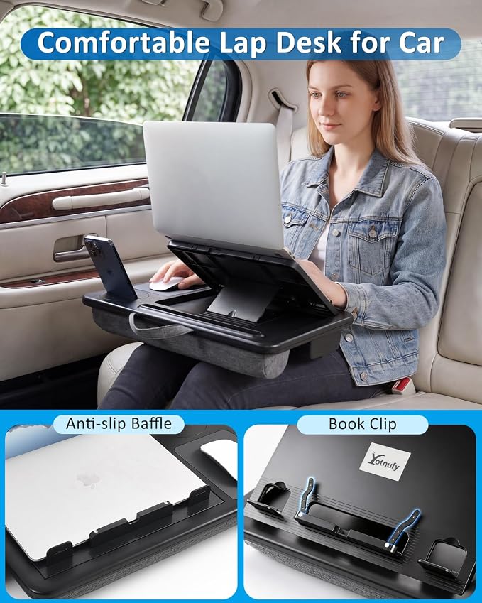 Adjustable Lap Desk with Cushion Stroage Rotatable Phone Stand | Laptop Lap Desk with 8 Angles Adjustable Mouse Pad and iPad Stand for Bed Couch Car Home Office, Fits up to 14" Laptop - Image 5