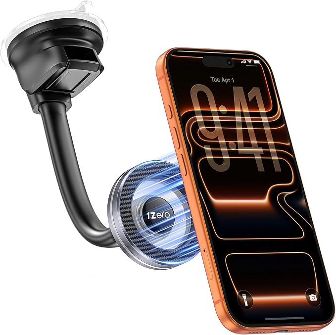 MagSafe Car Phone Mount with One-Button Suction Cup Lock | Strong Suction Cup with One-Button Lock Mounts to Dashboard or Windshield; Fits Iphone 12-17 and MagSafe-Compatible Phones by 1Zero
