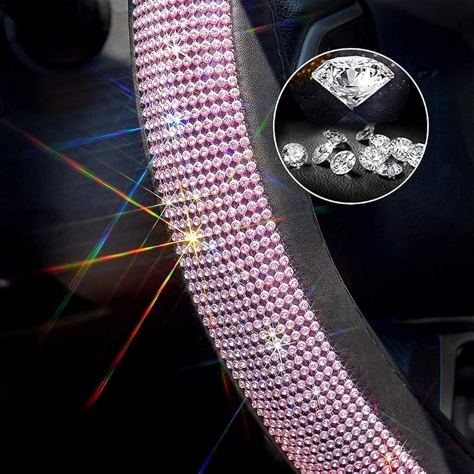 ChuLian New Diamond Leather Steering Wheel Cover with Bling Crystal | Universal Fit 15 Inch Car Wheel Protector for Women Girls with Bling Rhinestones Pink & White Diamond - Image 2