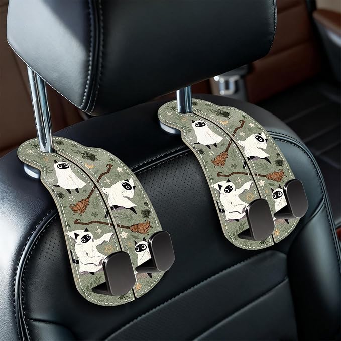 Blusabaca 2PCS Car Hooks for Purses Bags, Halloween Spooky Cute Cat Witch Magic Seat Back Storage Headrest Holder Hanger PU Leather Double Metal Backseat Organizer, Women Car Accessories Organization by Blusabaca