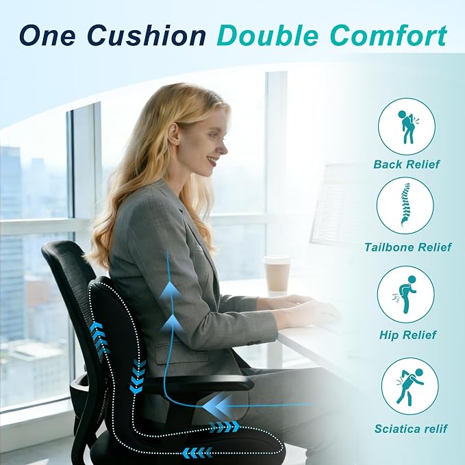 Seat Cushion for Office Chair, Ergonomic Cushion with Lumbar Support Pillow | Orthopedic Memory Foam Coccyx Cushion for Tailbone & Sciatica Pain Relief, Ideal For Office Chairs, Car Seats, Wheelchairs - Image 4