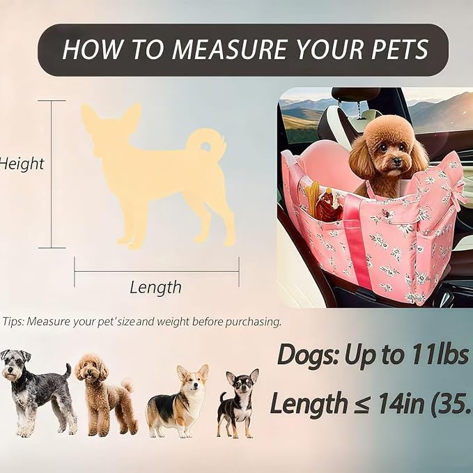 Console Dog Car Seat for Small Dogs Up to 11 Lbs, Pink Daisy | Portable Armrest Booster With Soft Cushion Safety Belt - Image 6