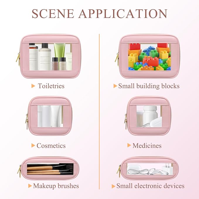 3-Piece Travel Clear Makeup Bag Set, Small Cosmetic Bag with Makeup Brush Case, Leather Waterproof TSA Approved Toiletry Bag with Zipper, Car Organization for Women (Pink-2, Mini+Slim+Medium) - Image 4