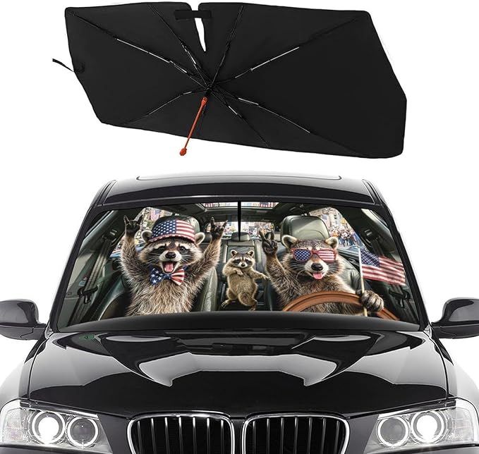 Socira Funny Rocking Raccoon Car Windshield Sun Shade Umbrella Foldable | Rock Racoons Sunshade for Front Window Auto Windshield Sunshade Covers Car Accessories Gifts Protect from Sun Rays Heat by Socira