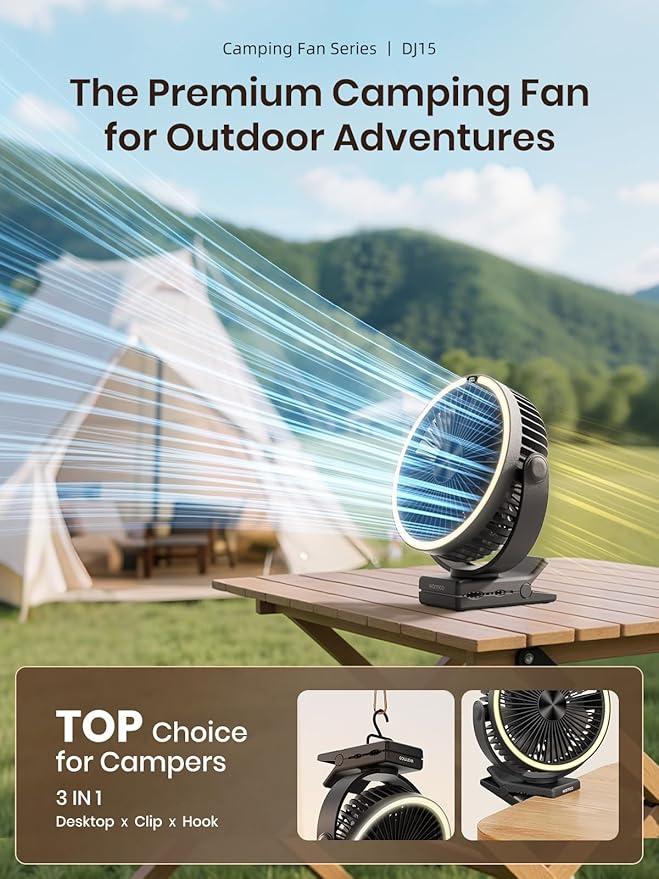 Warmco 15000mAh Clip on Fan with LED Light for Camping and Golf Car | 12-30H Runtime, 300H+ Light, USB-C Two-Way Charging, 3-Level LED Light, Clip Hook Desk Use, 4 Speeds - Image 2