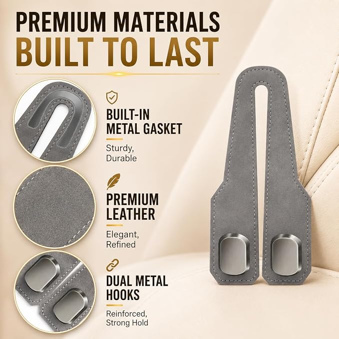2 Pack Car Headrest Hooks, Dual Metal Hooks, Stylish Gray | Premium leather with dual metal hooks and anti-drop design. Holds purses, bags, coats, and groceries securely. - Image 2