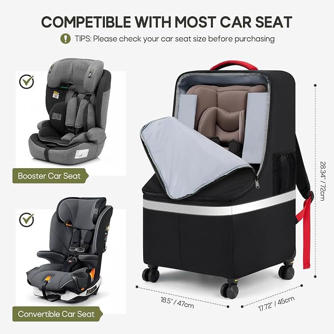 RAINSMORE Padded Car Seat Travel Bag for Airplane with Spinner Wheels | Heavy Duty Carseat Backpack for Air Travel Large Rolling Airport Gate Check Bags Fits Baby Car Seats & Boosters - Image 3