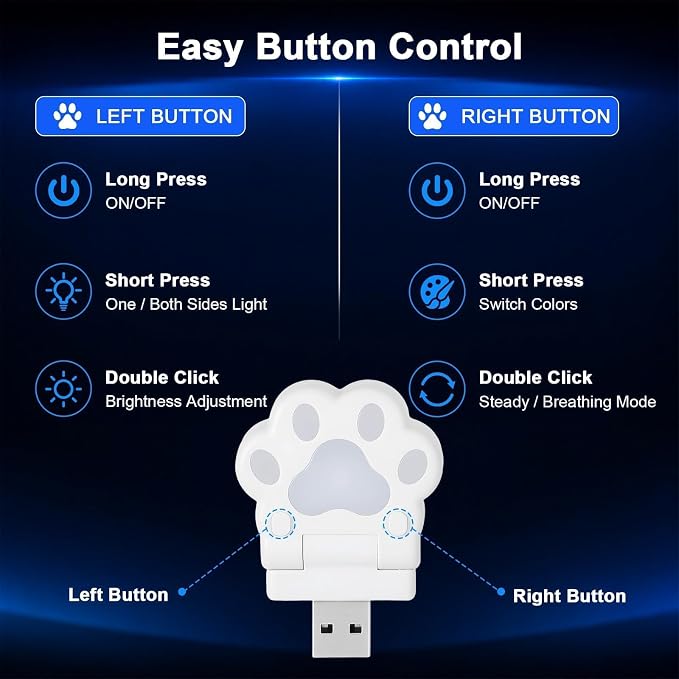 PIFOOG 2 Pcs Mini Car USB Night Light, Cat Paw RGB LED Interior Car Lights | 180° Foldable Dual-Sided Ambient Light, 7 Colors & Breathing, USB Decor Lamp for Car, Laptop & Bedroom, Gift for Cat Lovers - Image 7