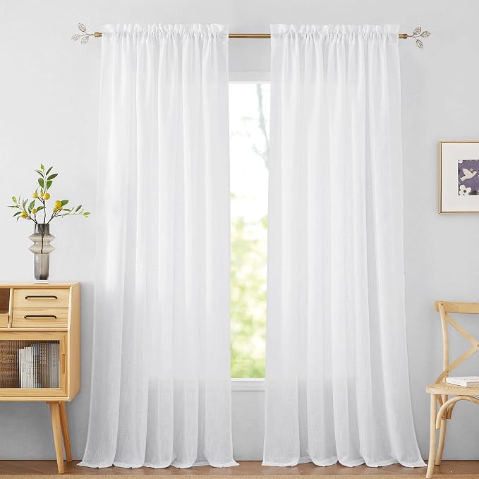 RYB HOME White Semi Sheer Curtains 84 inches Long for Living Room | Half Privacy, Linen Textured, Sheer Light Filtering, Vertical Window Drapes, for Bedroom Dining, White, W52 x L84, 2 Panels by RYBHOME