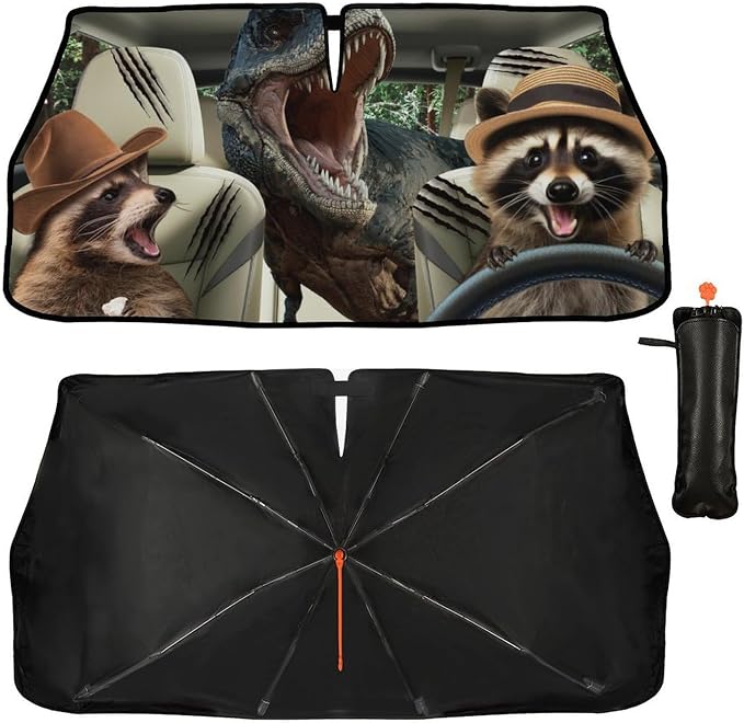 Funny Dinosaur Car Sunshade Umbrella for Windshield Foldable Raccoon Driving Car Sun Shade Cover with Bendable Handle Block UV Rays Sun Visor Protector Keep Vehicle Cool 57"x30" - Image 3