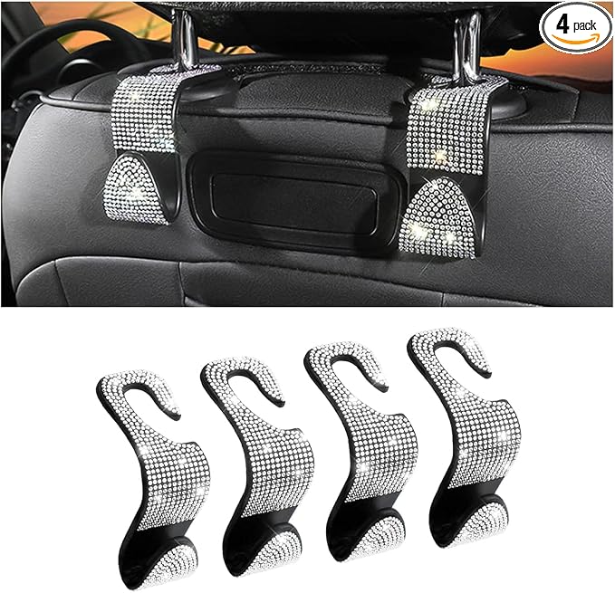 Moly Magnolia Bling Car Seat Headrest Hooks, 4PCS Handcrafted Rhinestones Seat Hanger Organizer for Handbag Purse Scarf, Universal for Cars, Auto Interior Accessories for Women Men (White) by Moly+Magnolia