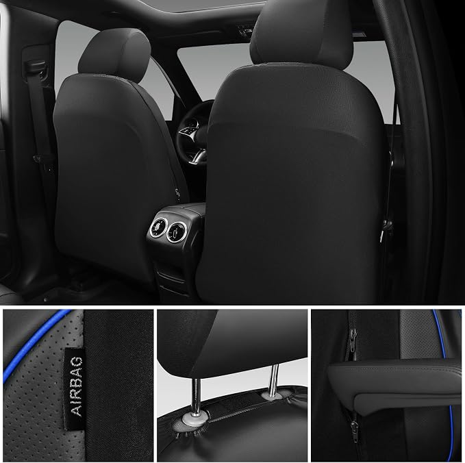 CAR PASS 3D Foam PU Leather Car Seat Covers, Universal Seat Covers Front 2 for Trucks SUV Sedan Automotive Seat Covers Armrest Airbag Compatible Waterproof Comfortable Faux Nappa Leather Black Blue - Image 4
