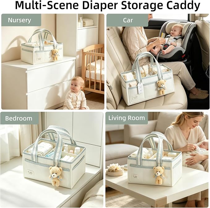 Portable Diaper Caddy Compatible with Skip Hop, Foldable Nursery Storage Tote with Removable Divider, Side Pockets & Cute Bear Pendant for Changing Table, Car & Home - Image 7