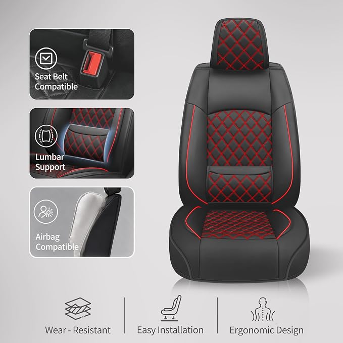 Fit Canyon Car Seat Covers for GMC Canyon 2015-2025 2026 - Luxury Leather, Anti-Slip, All-Weather Seat Cushions, Waterproof & Breathable, Airbag Compatible, Full 5-Seat Set (Redline) - Image 6