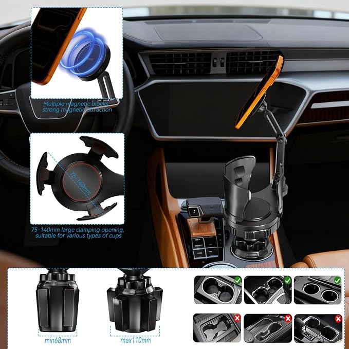 EXELIQ 2-in-1 Cup Holder Expander with MagSafe Phone Mount, Adjustable | Fits Large Bottles, Tumblers & Fast Food Drinks, 360° Rotating Arm for iPhone 17/16/15 and 4.7–7" Smartphones in Cars - Image 3
