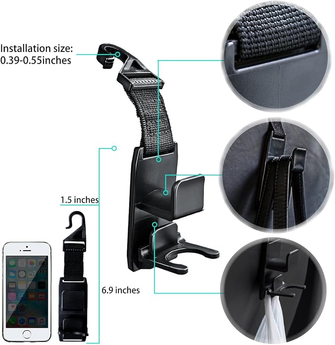 Magic Headrest Hooks for Car, Purse Hanger Headrest Hook Holder for Car Seat Organizer Behind Over the Seat Car Hooks-Hang Purse or Grocery Bags,Black,4Pack - Image 7