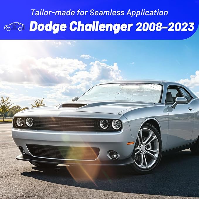 Windshield Sun Shade for Dodge Challenger 2008-2023, Custom Fit Foldable Umbrella Sunshade with 360° Rotating Shaft, UV Protection Heat Shield Sun Blocker Heat Reflector, Easy Storage Car Sun Shield - Image 2