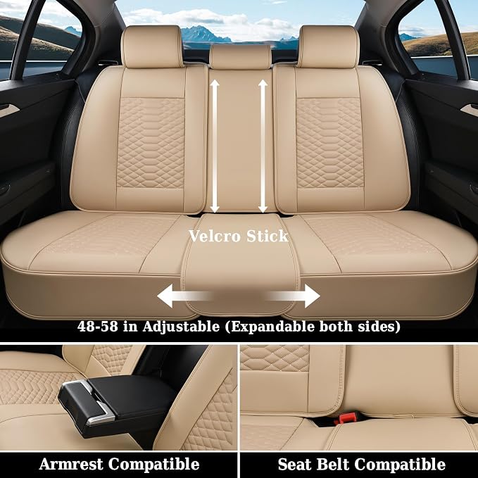 Coverado Car Seat Covers Full Set, Waterproof Nappa Leather Seat Covers for Cars, Universal 5 Seats Car Seat Covers, Front and Back Car Seat Protector, Auto Seat Covers Fit for Most Cars, Beige - Image 3