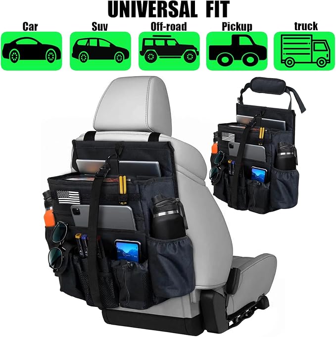 Front & Seat back organizer with dedicated tablet and 15.6 IN laptop storage stabilizers external stabilizing side straps soft adjustable shoulder straps hardened buckle (Black) - Image 9