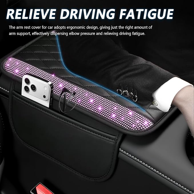 Stacool Upgraded Car Center Console Cover with Rhinestones,Microfiber Leather Car Armrest Cover Cushion with 2 Storage Bags,Universal Cars Armrest Storage Box as Cars Interior Accessories - Image 4