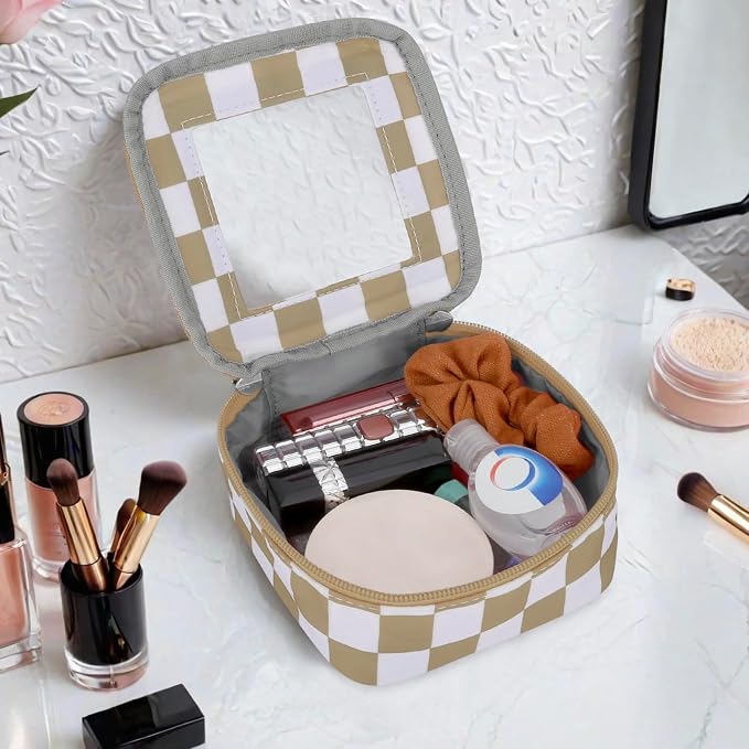 DOB SECHS Mini Checkered Bag for Purse 5.1'' x 5.1'' Small Makeup Bag for Car Cute Clear Cosmetic Bags with Zipper, Tiny Toiletry Bag Lipstick Organizer Pouch Travel Essentials Storage Pouch, Khaki - Image 4