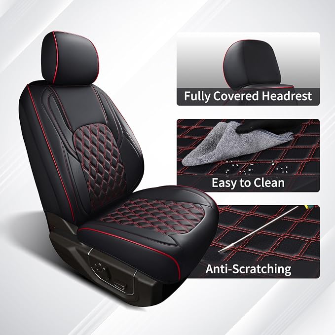 Huidasource 2007-2017 Wrangler JK Seat Covers 2 Door Full Set, Black&Red | Waterproof Leather Custom Car Seat Cover, JK Seat Cushion Protector Fit for Jeep Wrangler JK 2-Door Sahara Sport Rubicon - Image 7