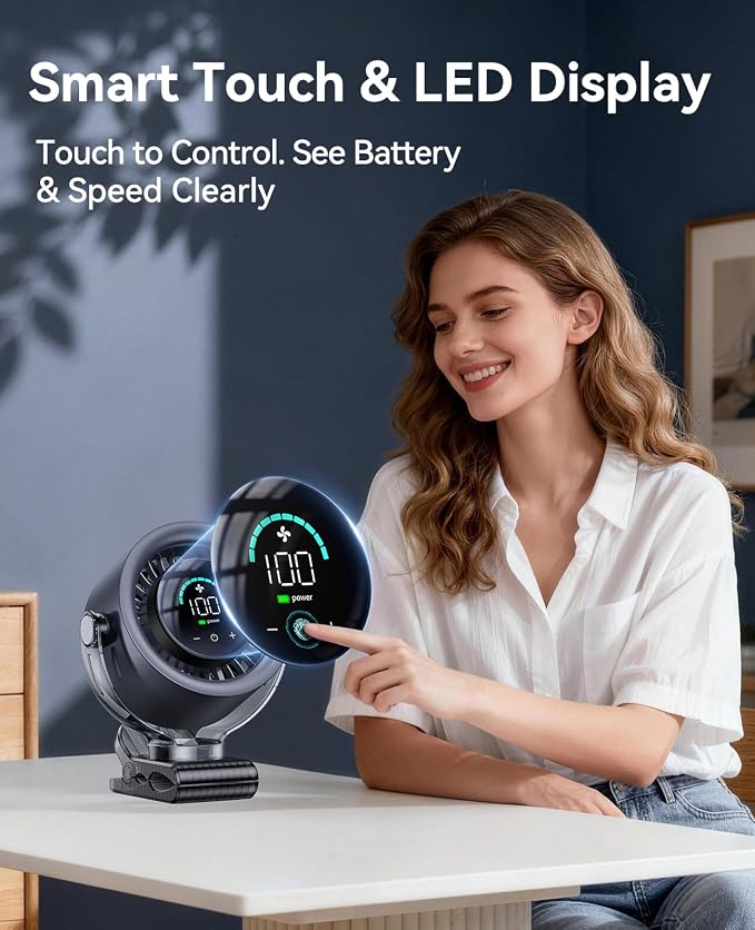 KIMMOO 4000mAh Rechargeable Portable Clip on Fan-100-Speed Touch Control, LED Display, 360° Rotate Quiet Turbo Desk Fan, Small Battery Operated USB Fan for Stroller Bed Travel Camping Golf Gym (Black) - Image 6