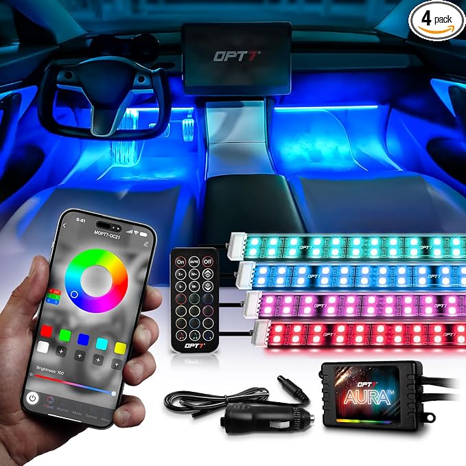 OPT7 Aura Pro Double Glow Interior Sports Car Lights with App & Remote | Ultra Bright Ambient Glow, Multicolor Double LED Strips, Car Meet Decor, 12V JDM Accessories, Music Sync Lighting, 4PC Kit by OPT7