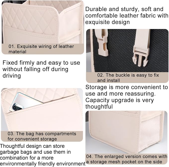 Mandark PU Leather Car Seat Back Organizer, Beige | Three-pocket layout with clear panel, elastic strap installation, fits most cars, SUVs, and trucks, car interior accessories - Image 4