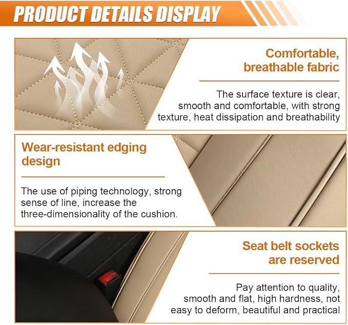 Luxury Faux Leather Car Seat Cover, Car Seats Cushion, Beige | Anti-Slip Waterproof Universal Front Bottom Seat Protector with Storage Pocket for Sedans, SUVs, Trucks, Triangular Pattern - Image 3