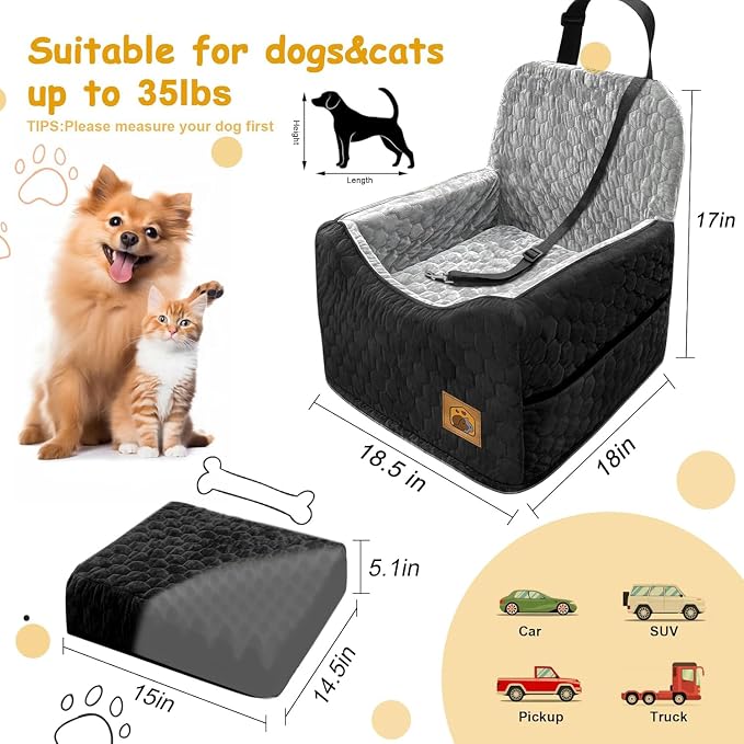 Dog Car Seat for Small/Medium Dogs, Memory Foam Dog Booster Seat, Travel Safety Per Car Seat with Washable Removable Cover, Storage Pockets, up to 35 lbs(BlackGray) - Image 2