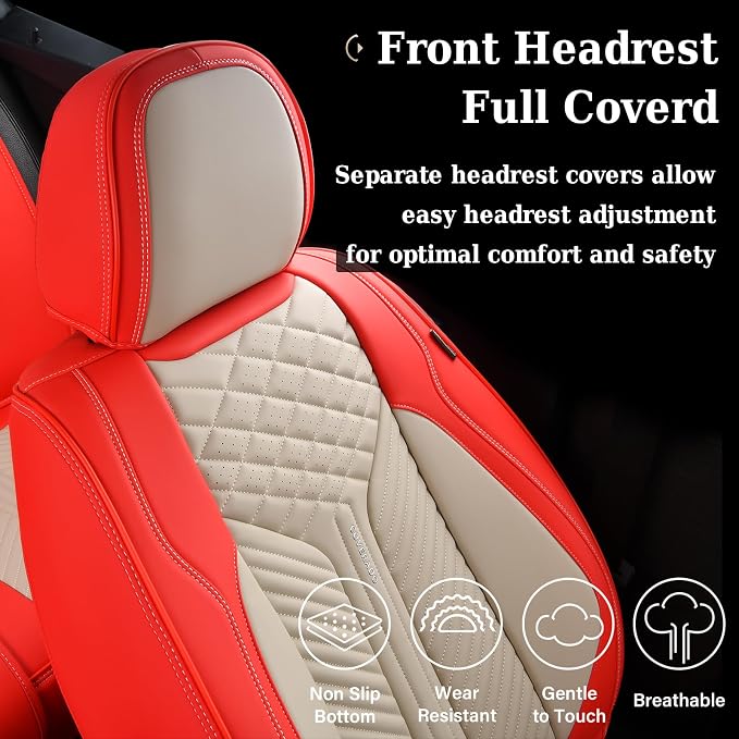 Coverado Leather Car Seat Covers Full Set, 5 Seats Seat Covers for Cars, Waterproof Car Seat Cushions, Front and Rear Seat Protectors Universal Fit Most Vehicles (Red&Beige) - Image 7