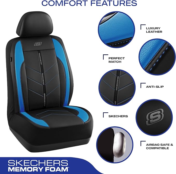 Skechers Car Seat Covers,Luxury Faux Leather Seat Covers,Waterproof Anti Slip Car Seat ProtectorFull Set,Car Accessories Airbag Universal Fit for Most Cars,Vans,Trucks,SUV,Blue - Image 4