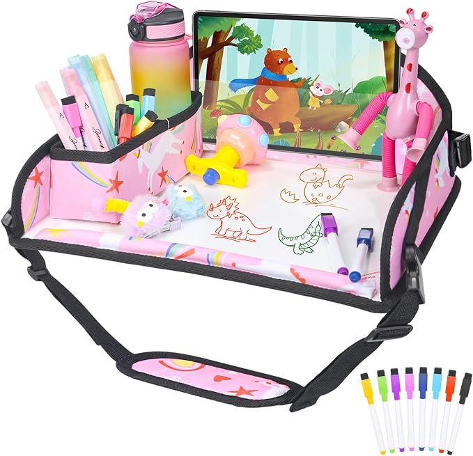 Kids Travel Tray for Car Airplane - Car Seat Tray for Kids Travel, Toddler Carseat Lap Table, Road Trip Essentials, Lap Desk for Kid Roadtrip Activities, Pink Unicorn by Unknown