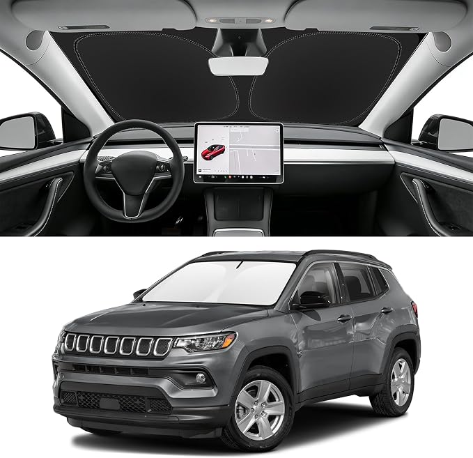 Custom Fit Windshield Sun Shade for Jeep Compass 2017-2025 | Blocks UV Rays and Sun Heat, Helps Reduce Interior Temperature, Protects Dashboard from Fading, Folds Easily for Storage by SLOGENTO