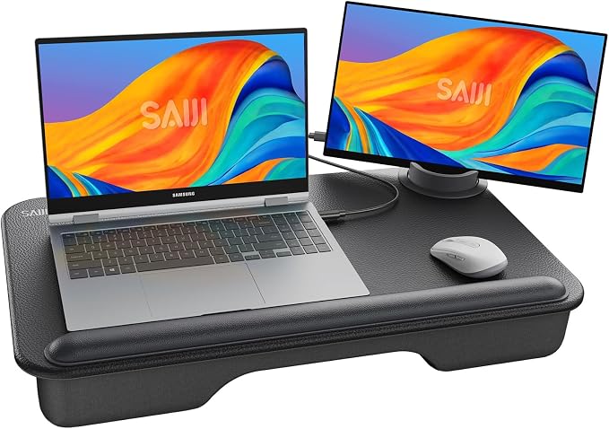 SAIJI Laptop Lap Desk with External Monitor Holder Fits Up to 17" Laptops | Lightweight Lap Tray Table Stand with Soft Leather Wrist Pad, Lap Desk with Cushion for Home Office Working/Gaming On Couch by SAIJI