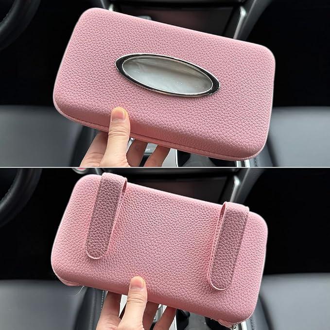 Car Tissue Holder, Sun Visor Tissue Holder, Zipper Car Visor Napkin Holder, PU Leather Backseat Tissue Case for Auto Vehicle (Pink) - Image 5