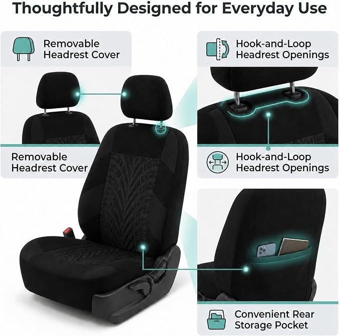 FH Group Front Set Travel Master Car Seat Covers - Covers for Low Back Car Seats with Removable Headrest, Universal Fit, Automotive Seat Cover, Airbag Compatible Car Seat Cover for SUV, Sedan Black - Image 5