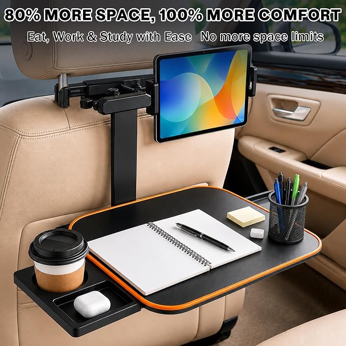 Large Car Tray Table for Back Seat with Adjustable Height | Foldable Car Desk for Laptop , Hidden Cup Holder & Phone Holder, Heavy Duty Travel Food Tray for Eating Working Road Trips - Image 4