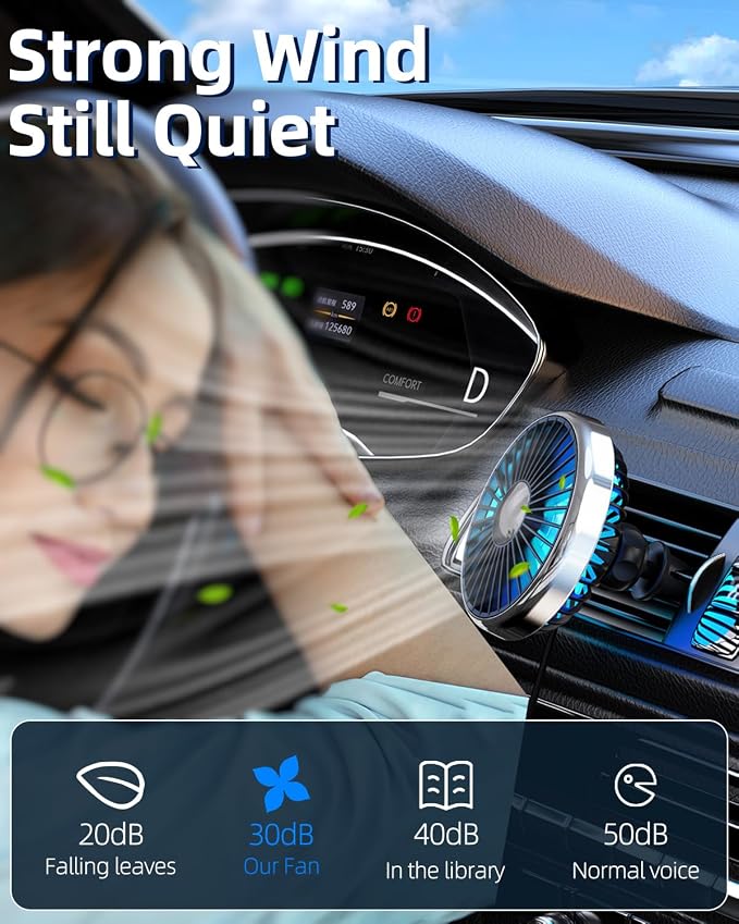 USB Fan for Car AC Air Vent to Boost Cooling Air Circulation | Colorful Light Car AC Fan for SUV Van RV Pickup Truck, Powerful 3 Speed, Quiet Brushless Motor, 360 Rotating Car Clip on Fan - Image 6