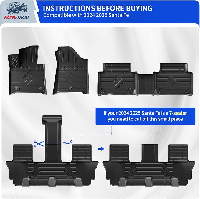 Rongtaod Floor Mats Full Set 7 PCS for 2024-2026 Hyundai Santa Fe 6&7 Seats | for Gas&Hybrid, Floor Liner, Trunk Mat with Backrest Mat, 2nd Row Kick Mats, TPE All Weather Santa Fe Accessories - Image 3