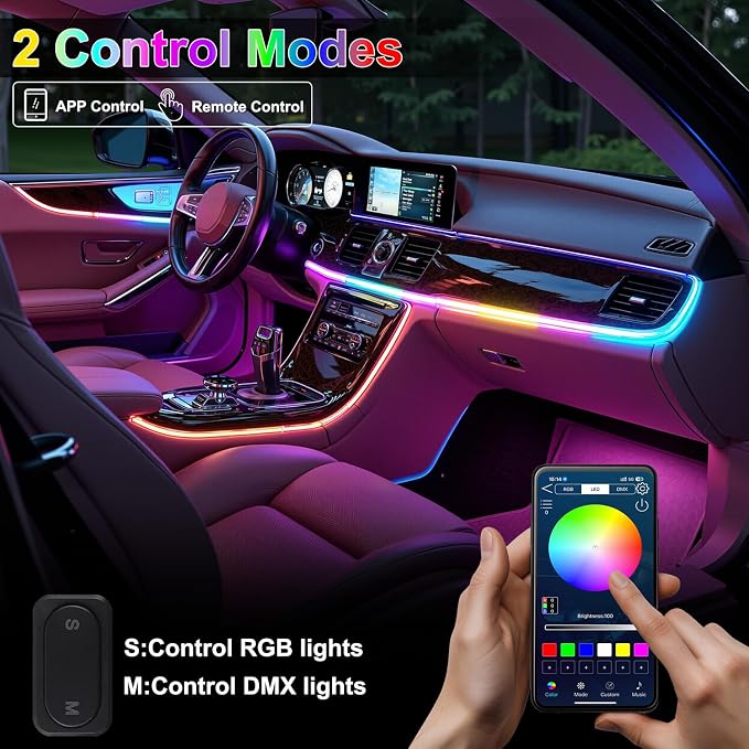 Dreamcolor Acrylic Interior Car LED Strip Lights, 6 in 1 Ambient Lighting Kit with Wireless APP, Dynamic Chasing Music Sync Fiber Optic Lights with DIY Mode, Car Inside Lighting Accessories - Image 3
