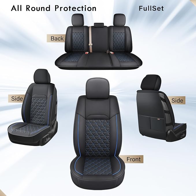 Coverado Car Seat Covers Full Set, Leather RAM 1500 Seat Covers Protectors Compatible with 2002-2026 Dodge RAM 1500 2500 3500 Crew Double Mega Quad Cab with Flat Bench, Black&Blue line - Image 5