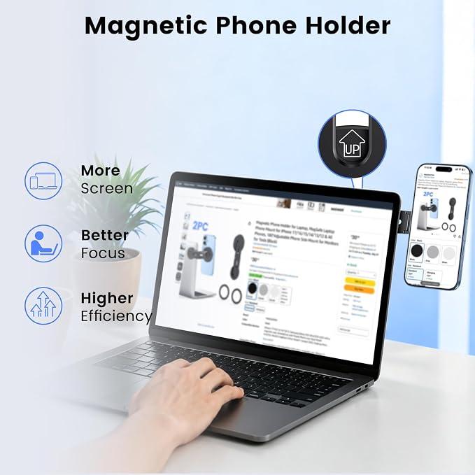 Magnetic 2PC Phone Holder for Laptop, MagSafe Laptop Phone Mount for iPhone 17/16/15/14/13/12 & All Phones, 180°Adjustable Phone Side Mount for Monitors for Tesla 3/Y - Image 2