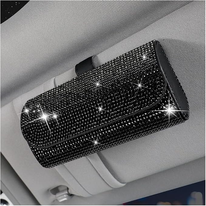 Osilly Bling Car Sunglass Holder for Sun Visor, Sparkling Crystal Leather Automotive Eyeglasses Mount Clip Organizer with Hidden Magnetic Closure for Men Women, Universal for SUV Truck Van（Black） by Osilly