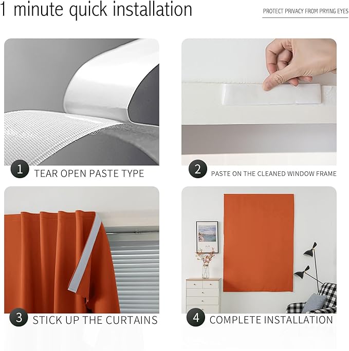 Self Adhesive Curtains Portable Blackout Curtain Simple and Easy to Install Bedroom Window Thermal Lnsulated Kitchen Room Darkening Black Small Drapes, 35" W X 79" L, Orange, 1 Panel - Image 3