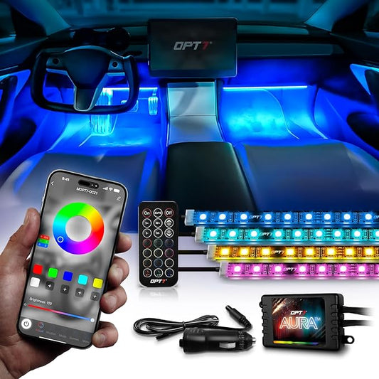 OPT7 Aura Pro Multicolor Interior Car Lights with App & Remote, 4PC LED Kit | Interior Ambient Glow, Music Sync Lighting, 12V Car Charger, RGB LED Light Strips, SUV Under Dash Decor by OPT7