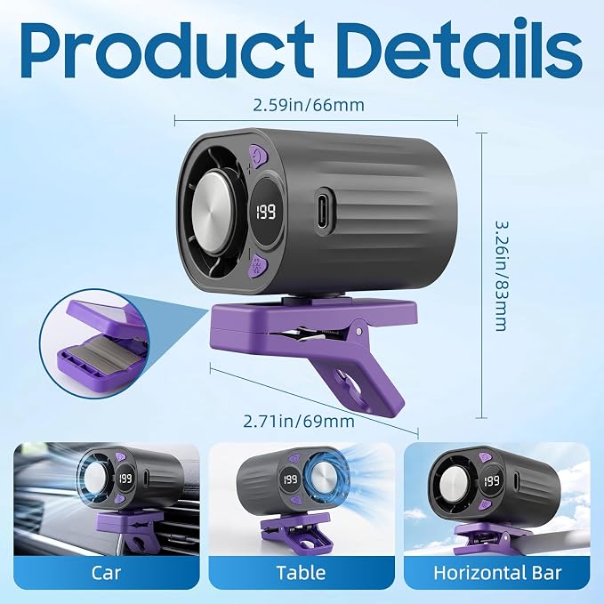 New Upgraded Car Clip on Air Conditioner Fan, Portable Air Conditioners for Cars, Mini Rotatable Fan, USB Rechargeable, 199 Speed Silent Mini Bladeless Fans, Car Clip on Air Conditioner (White) - Image 2