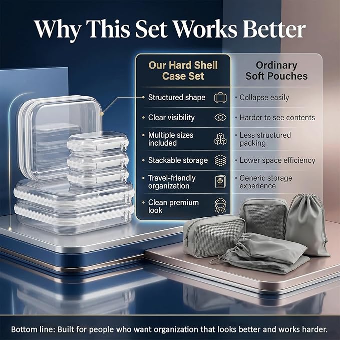 6 Pack Clear Hard Shell Zipper Case, See-Through Hard Plastic Organizer Pouches Zipper for Travel - Toiletries, Electronics, Pencils, Makeup, Secure Storage Design, 3 Sizes (2 Small/2 Medium/2 Large) - Image 2